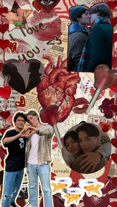 two young men standing next to each other in front of a collage of hearts