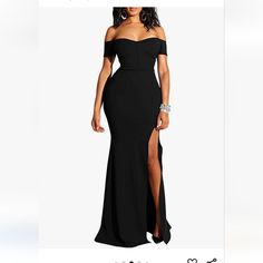 Ymduch Women's Off Shoulder High Split Long Formal Party Dress Evening Gown. Elastic Neckline. Can Be Worn As Square Neck Or Off Shoulder. Size: Small Color:Black Material 95% Polyester 5% Spandex Waist:25.8" Hip:33.7" Sleeve Length:1.5" Fitted Off-shoulder Maxi Dress For Party Season, Maxi Dress For Banquet, Formal Off-shoulder Maxi Dress For Prom Season, Off-shoulder Maxi Dress For Prom Night, Elegant Stretch Gown For Banquet, Off-shoulder Maxi Dress For Prom Evening, Black Full-length Dress For Banquet, Full Length Black Dress For Banquet, Black Stretch Dress For Banquet