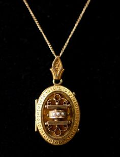 Locket Size: 1.75 inches long, 0.8 inches wide Chain Length: 18 inches, marked "10k" on the spring ring clasp Material: Gold-Filled Locket, 10k Solid Gold Chain Design: Ornate Victorian styling with 3 seed pearls Function: Opens with intact inserts, traditionally used as a hair locket or photo locket Condition: Great antique condition with some expected wear This stunning antique Victorian locket pendant is beautifully crafted in gold-filled metal with three delicate seed pearls, featuring ornat Luxury Victorian Round Locket Necklace, Luxury Antique Gold Locket Necklace, Vintage 14k Gold Necklaces With Curb Chain, Victorian Jewelry With Curb Chain As A Gift, Victorian Curb Chain Jewelry As A Gift, Victorian Gold Curb Chain Jewelry, Victorian Curb Chain Jewelry Gift, Antique Gold Jewelry With Curb Chain, Victorian Gold Jewelry With Curb Chain