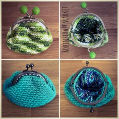 four pictures of different purses with green and blue decorations on them, including one in the shape of a handbag