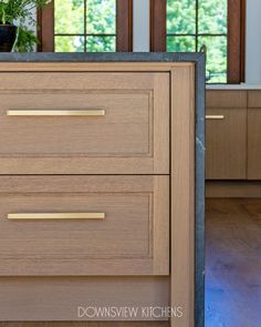 a kitchen with wooden cabinets and plants on the counter