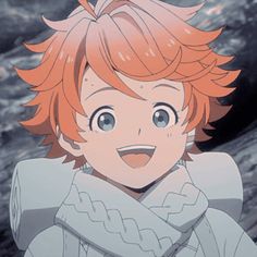 an anime character with orange hair and green eyes, wearing a white sweater while looking at the camera