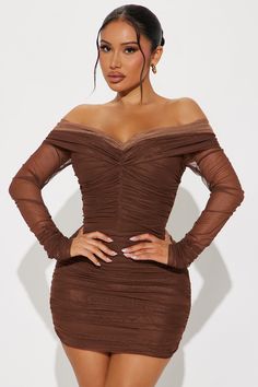 Available In Chocolate. Mesh Mini Dress Off Shoulder Neckline Long Sleeve Ruched Hidden Back Zipper Lined Stretch Length = 32" Self/ Contrast/ Lining: 100% Polyester Imported | Coco Mesh Mini Dress in Chocolate Brown size 1X by Fashion Nova Mini Dress Off Shoulder, Brown Long Sleeve Dress, Chocolate Fashion, Mesh Mini Dress, Dress Off Shoulder, Brown Long Sleeve, Woman Back, Matching Dresses, Active Wear For Women