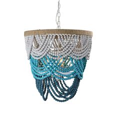 a blue and white chandelier hanging from a ceiling fixture with beads on it