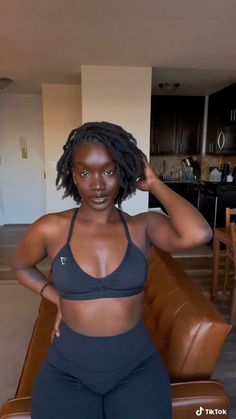 Dark skin black girl at home with locs in all-black outfit Begginer Locs Black Women, Medium Instant Locs, 6 Inch Locs, Instant Locks Women, Small Loc Hairstyles, Short Instant Locs, Short Starter Locs Hairstyles Black Women, Instant Locs On Short Hair, Fluffy Locs Black Women