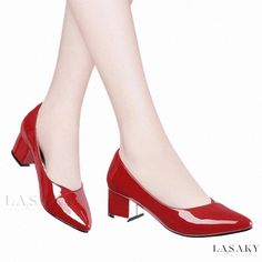 Lasaky - Genuine Soft Leather Chunky Heel Shallow Mouth Pointed Toe Red Leather Shoes Red Low Heel Block Heels For Formal Occasions, Red Block Heels With Stacked Low Heel, Red Pointed Toe Block Heels For Evening, Red Closed Toe Block Heels For Formal Occasions, Red Closed Toe Block Heels For Formal Events, Red Patent Leather Heels For Fall, Red Block Heel Office Shoes, Red Pointed Toe Block Heels For Spring, Chic Red Low Heel Block Heels