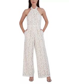 julia jordan - Women's Lace Twist-Neck Wide-Leg Jumpsuit Elegant Lace Jumpsuits And Rompers For Spring, Lace Jumpsuits And Rompers For Wedding, Elegant Cream Jumpsuits And Rompers For Party, Fitted Cream Jumpsuits And Rompers For Party, Elegant Cream Jumpsuit For Party, Elegant Fitted Beige Jumpsuits And Rompers, Chic Beige Evening Jumpsuits And Rompers, Cream Jumpsuits And Rompers For Spring Party, Spring Cream Party Jumpsuits And Rompers