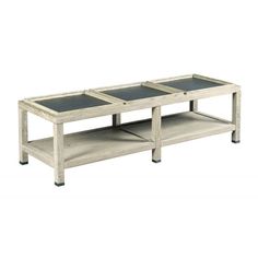 a white coffee table with three trays on each side and one shelf below it