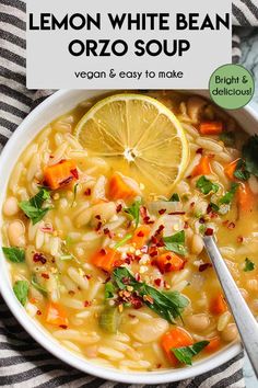 a bowl of lemon white bean orzo soup