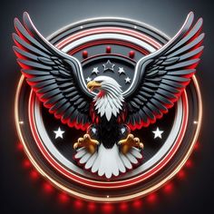 an eagle with stars and stripes on it's wings is illuminated in red, white and blue