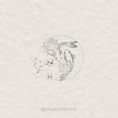 a drawing of a koi fish in a circle with flowers on it's side