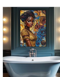 a bathtub with a painting on the wall above it and lights around it,