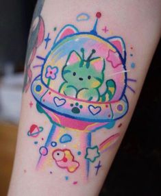 Colorful UFO Alien Cat Tattoo Large Tattoo Ideas, Craft Tattoo, Kawaii Tattoos, Tattoo Symbolism, Funky Tattoos, Cute Little Tattoos, Cute Tiny Tattoos, Little Tattoos