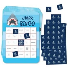 shark bingo game with blue and white squares on the front, surrounded by small sharks