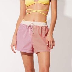 Brand New Solid And Striped Charlie Shorts In Pink/Orange Striped Short Beachwear Swimwear For Day Out, Summer Multicolor Tie-side Bottoms, Pink Sporty Shorts For Poolside, Pink Beachwear Swimwear For Summer Outings, Pink Swimwear For Summer Beach Season, Pink Swimwear For Summer Beach Outings, Pink Beachy Swimwear For Summer Outings, Pink Swimwear For Beach Season Outings, Orange Color Block Bottoms For Summer