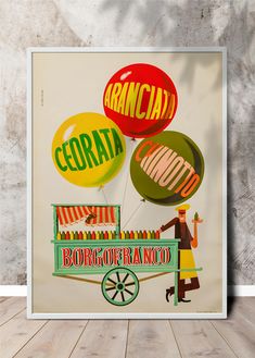 a poster with an image of a man selling balloons