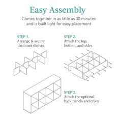 the instructions for how to assemble an easy assembly unit with three sections and four sides