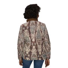 Discover the perfect blend of warmth and fashion with our women's puffer jacket featuring a striking brown Ikat pattern. This trendy outerwear piece combines classic functionality with a unique, all-over print that's sure to turn heads. Key Features: Stylish Ikat Design: The intricate Ikat pattern in rich brown tones adds a touch of cultural elegance and modern flair to your winter look. Warm and Cozy: Crafted with high-quality insulating materials, this puffer jacket keeps you snug and comfortable even in the coldest weather. Fashion-Forward: With its all-over print and sleek silhouette, this jacket is both chic and versatile, making it a perfect addition to your winter wardrobe. Durable and Functional: Designed to withstand the elements, this puffer jacket features a durable exterior and Brown Quilted Winter Outerwear, Brown Quilted Jacket For Winter Outdoor, Brown Quilted Jacket For Outdoor Winter Use, Brown Quilted Jacket With Padded Collar For Fall, Brown Long Sleeve Quilted Jacket For Outdoor, Casual Brown Quilted Jacket For Cold Weather, Brown Puffer Jacket With Padded Collar For Fall, Brown Puffer Jacket For Cold Weather, Casual Brown Quilted Winter Jacket