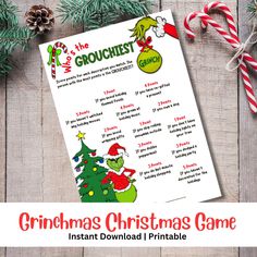 Printable Grinch Game Christmas party games Who's the Grinchiest Merry Grinchmas Holiday Party game Grinch Christmas decorations digital Create wonderful Christmas memories with this Grinch game and make this time of the year even more magical for your Kid and family members. Who Is The Grinchiest Game, Grinch Christmas Games, Grinch Brunch, Grinch Games, Grinch Printable, Christmas Party Fun, Grinchmas Party, Holiday Party Game, Christmas Gift Exchange Games