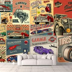 a living room filled with furniture and wallpaper covered in retro ads on the walls