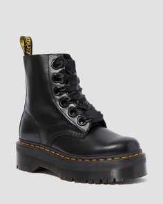 Molly Women's Leather Platform Boots in Black | Dr. Martens Platform Dr Martens, Closet Revamp, Martens Style, Platform Combat Boots, Doc Martens Outfit, Platform Boots Women, Martens Boots, Black Platform Boots, Dr Martens Boots