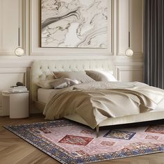 a bedroom with a bed, rug and painting on the wall above it's headboard