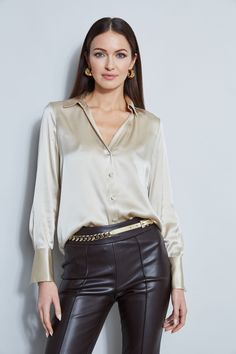 Nothing beats the chic factor and luxe patina of a Silk Satin shirt. Our button-down design features a v-neckline that is perfect for layering under a blazer or wearing on its own- you will live in this shirt all season long. Elie Tahari Exclusive Long Sleeve Silk Satin Button Down shirt 100% Silk Relaxed Fit; Runs true to size. Model is 5'9" and wearing size S Length From Shoulder to Hem: Back 26"L, Sleeve 32.5"L (approx. length for size S) Dry Clean Only Imported Style #: E107G513 Pyjama Shirt Outfit, Mang Inasal, Satin Button Down Shirt, Satin Outfits, Women Silk Dress, Satin Clothes, Tight Leather Pants, Silk Shirt Dress, Leder Outfits