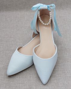 Light Blue Satin Flats with Pearl Straps Wedding Flats For Bride, Blue Bridal Shoes, Wedding Shoes Comfortable, Blue Wedding Shoes, Bridal Flats, Cinderella Shoes, Wedding Flats, Pointy Toe Flats, Womens Wedding Shoes