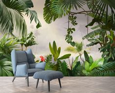 a room filled with lots of green plants and palm trees on the wall next to a chair