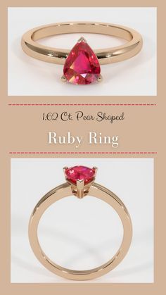 1.62 Carat ruby ring set in 18K rose gold. #accessoriesrings #gorgeousring #bigengagementrings #ringdiamond #ringsengagement Formal Pear-shaped Ruby Ring, Formal Red Pear-shaped Ruby Ring, Classic Ruby Ring With Pear-shaped Stone, Classic Pear-shaped Ruby Ring, Red Ruby Ring With Brilliant Pear-shaped Cut, Red Pear-shaped Ruby Ring With Brilliant Cut, Classic Red Heart Cut Ruby Ring, Red Pear-shaped Ruby Ring, Red Ruby Ring With Prong Setting, Pear-shaped