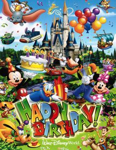 a birthday card with mickey mouse and other cartoon characters