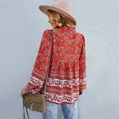 This cute woven blouse has a red, orange and white print, V-neckline, and long sleeves with drawstring neckline detail.The fabric is flowy, comfortable and breathable for that perfect spring, summer or fall outing.Fit & Measurements:S: length 26.77 in, bust 37.80 in, sleeve 24.41 in, shoulder 14.17 inM: length 27.17 in, bust 39.37 in, sleeve 24.80 in, shoulder 14.57 inL: length 27.76 in, bust 41.73 in, sleeve 25.39 in, shoulder 15.16 inXL: length 28.35 in, bust 44.09 in, sleeve 25.98 in, shoulde Drawstring Neckline, Balloon Sleeve Top, Tie Neck Tops, Bohemian Print, Boho Shirts, Comfy Tops, Summer Blouses, Mock Turtleneck, Green And Khaki