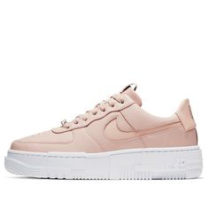 The Nike Women's Air Force 1 'Pixel Particle Beige' is a reconstructed take on Bruce Kilgore's original 1982 design. A soft pink hue is applied to the all-leather upper, updated with a cut-out Swoosh, floating eyestay and exaggerated heel tab. The low-top rides on a contrasting white midsole that adds large pixelated detailing for a distorted aesthetic. (AF1/SNKR/Skate/Light/Low Top/Women's) Aesthetic Af1, Distorted Aesthetic, 1 Pixel, Nike Air Force 1, Stylish Sneakers, Air Force 1, Nike Air Force, Soft Pink, Low Top