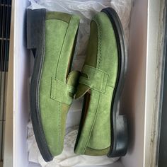 *Still Available* Size Is Mens Us 7 - This Model Runs Big So It Fits Like A Us 8. These Are The Early Version Of This Loafer With Full Leather Sole, Unlike The Recent Versions That Have Rubber Soles. Worn Only Once, No Major Flaws Though. Comes With Box And Dust Bag. Green Goodyear Welted Leather Shoes, Green Slip-on Oxfords For Business, Green Slip-on Formal Loafers, Green Slip-on Moccasins For Business, Green Slip-on Moccasins For Formal Occasions, Classic Green Moccasins For Formal Occasions, Green Plain Toe Leather Shoes For Work, Classic Green Loafers For Business, Green Dress Shoes With Rubber Sole For Office