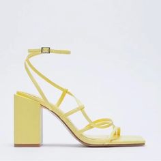 Zara Heeled Square Toe Ankle Straps Sandals New With Tag In Yellow Color Size 10 Adjustable Block Heel Summer Sandals, Adjustable Block Heel Sandals For Summer, Summer Style Evening Sandals For Spring, Chic Summer Sandals With Strap, Summer High Heel Lace-up Sandals With Strap, Summer Heels With Adjustable Ankle Strap, Chic Strap Sandals For Summer, Adjustable High Heel Summer Sandals, Adjustable Ankle Strap Summer Heels