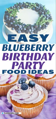 Blueberry cake and cupcakes made with easy blueberry party recipes Blueberry Themed Party, Berry First Birthday Blueberry, Blueberry Themed Birthday Party, Blueberry Birthday Party, Blueberry First Birthday, Blueberry Birthday Cake, Blueberry Recipes Easy, Blueberry Party, Cake Captions