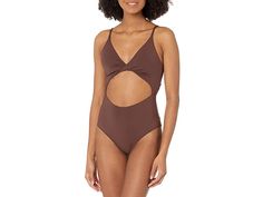 O'Neill Saltwater Solids Twisted One-Piece - Women's Swimsuits One Piece : Chocolate : The primary materials that compose this product contain a minimum of 20 percent recycled content. , Glam up your beach look by wearing the O'Neill Saltwater Solids Twisted One-Piece Swimsuit. Sleeveless silhouette and plunging V-neckline. Adjustable shoulder straps for a snug fit. Removable cups. Twist detail on the front. Signature brand name logo clip on the back. Cut-out detailing on the front for added sty V-neck Cutout Swimwear For Beachwear, V-neck Cutout Swimwear For Pool, Spring V-neck Cutout Swimwear, Vacation Swimwear With Cutout Triangle Top, Triangle Top Swimwear With Cutout For Vacation, Cutout Triangle Top Swimwear For Vacation, Cutout Swimwear For Beach Season, Cutout Beachwear Swimwear For The Beach, Cutout Triangle Top Swimwear For Beach Season