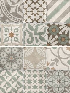 nine different tiles in various colors and patterns, each with an intricate design on them