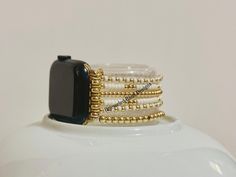 Gold-filled Beaded Apple Watch Band, Layered Bracelet Stack Watch Band, Luxury Apple Watch Band - Etsy Adjustable Gold Round Watch Bands, Adjustable Round Gold Watch Bands, Yellow Gold Watch Bands For Gifts, Adjustable Yellow Gold Watch Bands For Gift, Elegant Adjustable Apple Watch Band, Elegant Adjustable Yellow Gold Watch Band, Elegant Beaded Apple Watch Band As Gift, Elegant Adjustable White Watch Bands, Elegant White Adjustable Watch Bands