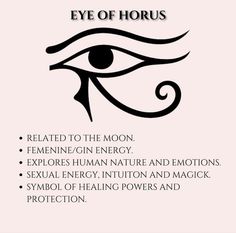 the eye of horus is shown in black on a pink background with white lettering