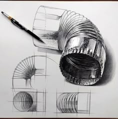 a pencil drawing of some objects on a white paper with a pen next to it