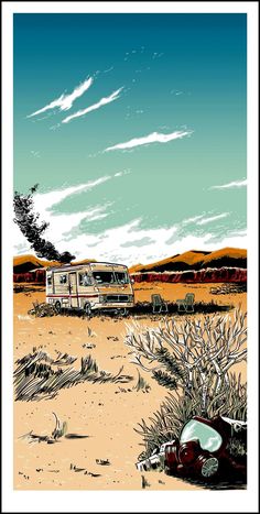 a van is parked in the middle of a desert