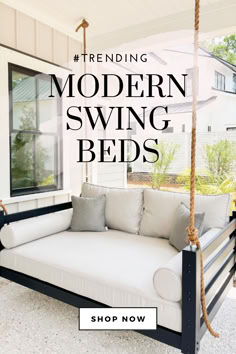 black swing bed with white cushions Front Porch Swing Ideas, Swing Bed Porch, Teak Rocking Chair, Porch Bed, Front Porch Swing, Porch Swing Bed, Swing Bed, Porch Swings, Bed Swing