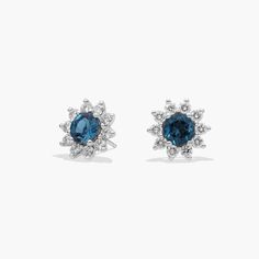 These London blue topaz and diamond halo earrings combine colorful round gemstones with classic diamonds for a beautiful pairing. Wear them on their own or stacked with additional earrings for a layered look. Diamond Halo Earrings, Halo Diamond Earrings, Halo Earrings, Diamond Stud Earrings, Blue Nile, Diamond Stud, London Blue Topaz, London Blue, Diamond Halo