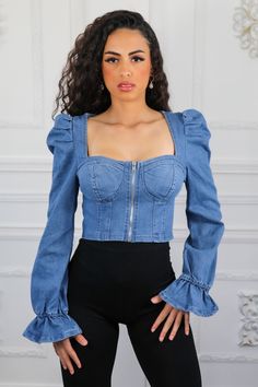 Cute denim top features Puff sleeves Front zipper Semi Cropped Model is wearing a size small Trendy Puff Sleeve Denim Top, Fall Denim Puff Sleeve Top, Trendy Denim Top With Puff Sleeves, Fitted Denim Top With Puff Sleeves, Medium Wash Trendy Denim Top With Puff Sleeves, Fitted Denim Top With Zipper Closure, Spring Fitted Denim Top With Puff Sleeves, Fitted Medium Wash Denim Top With Puff Sleeves, Trendy Denim Blue Puff Sleeve Tops