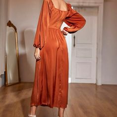 Long Sleeve Solid Color Maxi Dress For Fall Brunch, Solid Maxi Dress For Fall Brunch, Chic Square Neck Maxi Dress For Fall, Elegant Square Neck Maxi Dress For Fall, Orange Satin Dress, Cocktail Dresses Maxi, 70s Orange, Dresses Shein, Womens Trendy Dresses