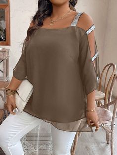 Plus Size Casual Sequin Trimmed Open Shoulder Blouse For Spring And Summer Brown Casual  Three Quarter Length Sleeve Fabric Plain,All Over Print Top Non-Stretch  Women Plus Clothing, size features are:Bust: ,Length: ,Sleeve Length: Plus Size 3/4 Sleeve Tops, Colorful Street Style, Open Shoulder Blouse, Brown Bohemian V-neck Top, Summer Brown, Womens Loungewear Sets, Satin Pyjama Set, Casual Stripes, Loungewear Set