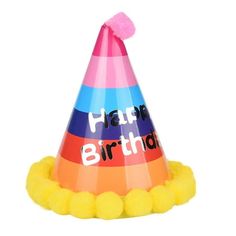 a party hat with pom poms on the bottom and happy birthday written on it