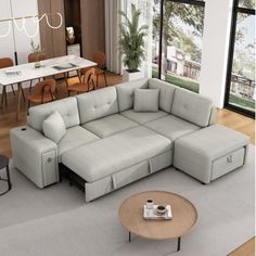 a living room with a sectional couch and coffee table