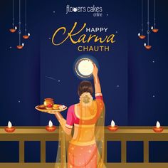 a woman holding a plate with food on it and the words happy karni chauth